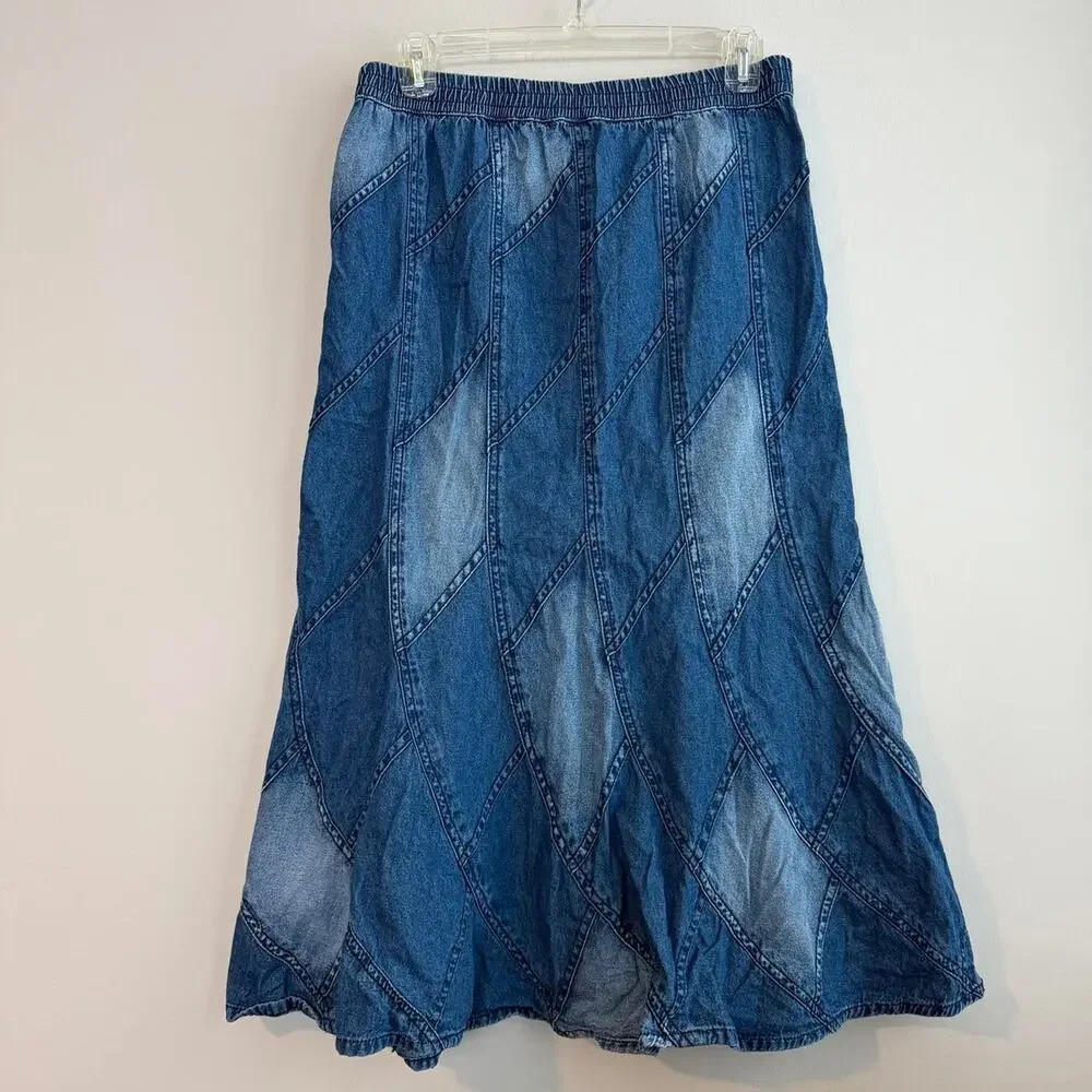 Blue denim patchwork diamond midi skirt with half elastic waistband - Picture 2 of 3